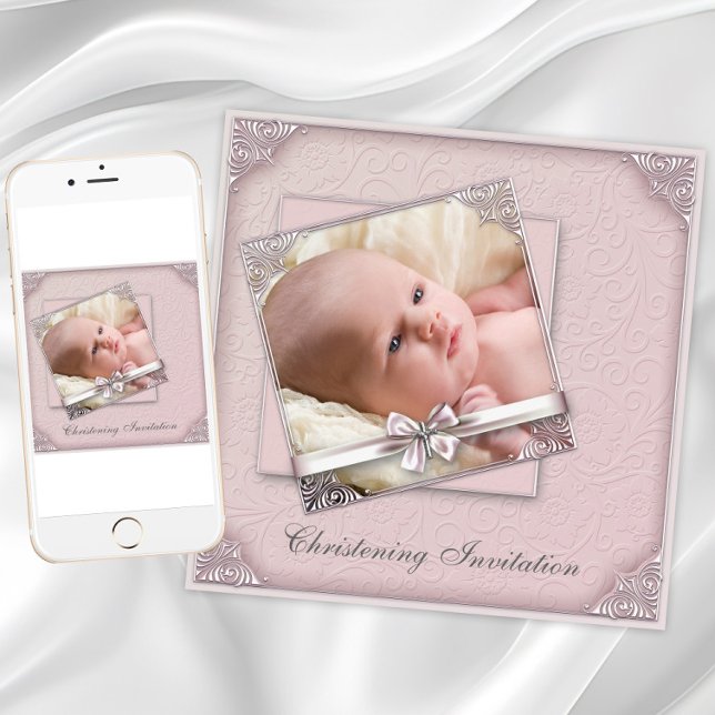 Ljusrosa Foto Dop  Inbjudningar (Blush pink christening invitation. Add photo and text. Download and printed invitations available.)