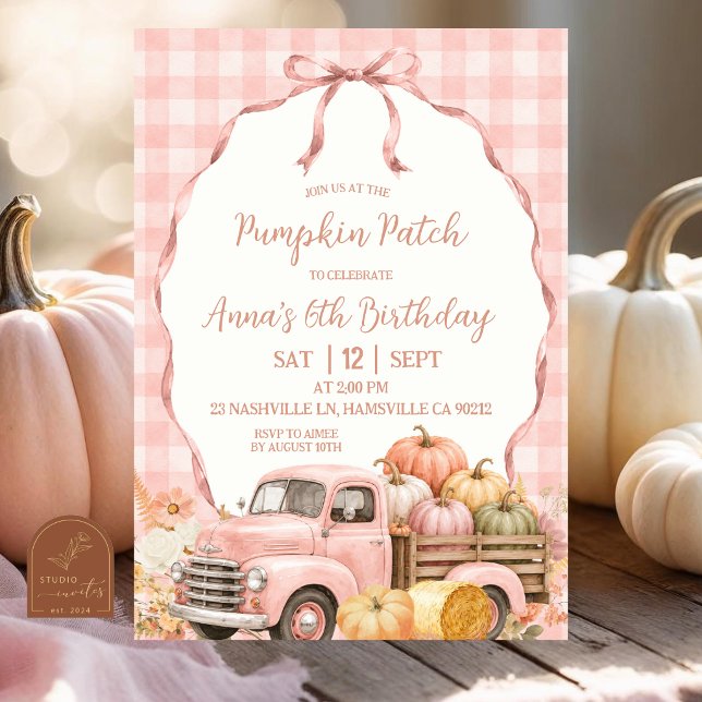 Ljusrosa Gingham Pumpafälts Födelsedag Inbjudningar (Skapare uppladdad)