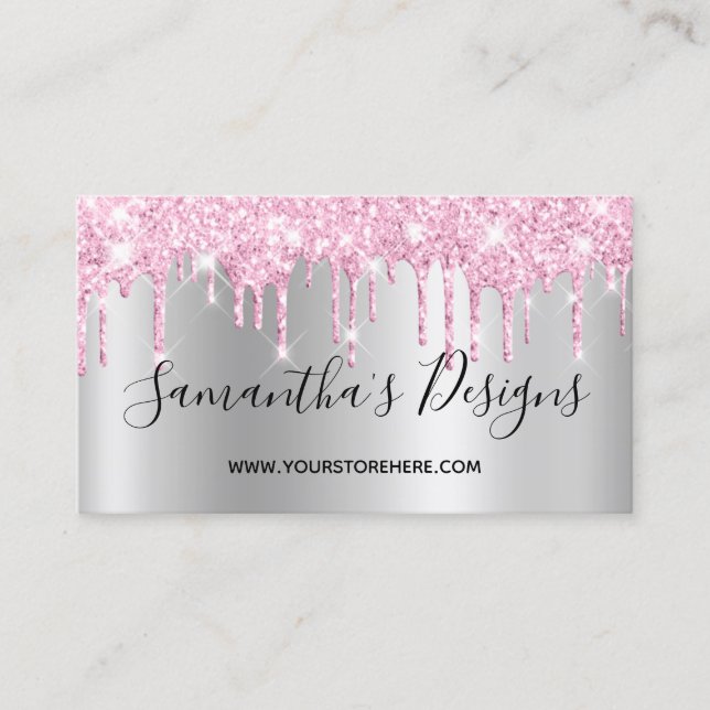 Ljusrosa glitterdroppar Silver Ombre Webbutik Visitkort (Framsida)