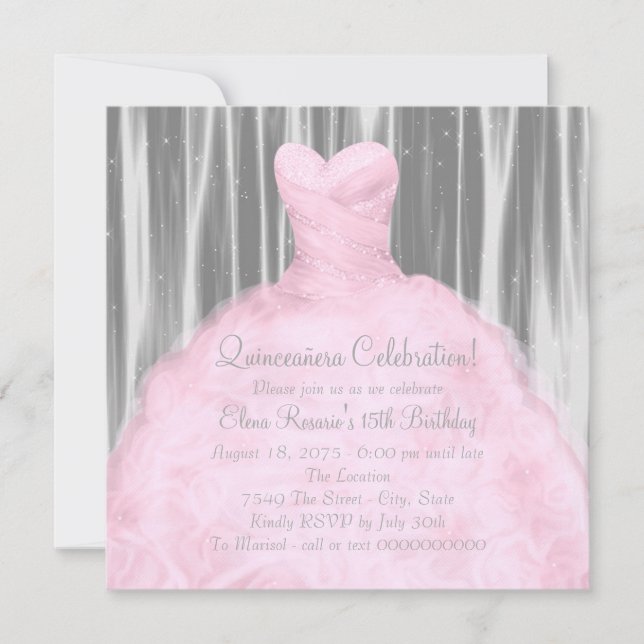 Ljusrosa grå Quinceañera-fest Inbjudningar (Framsida)