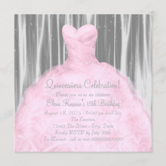 Ljusrosa grå Quinceañera-fest Inbjudningar