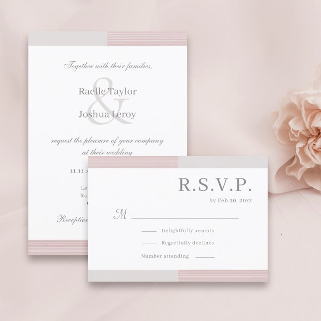 Ljusrosa grå vita ränder Elegant bröllops-RSVP Inbjudningar (Skapare uppladdad)