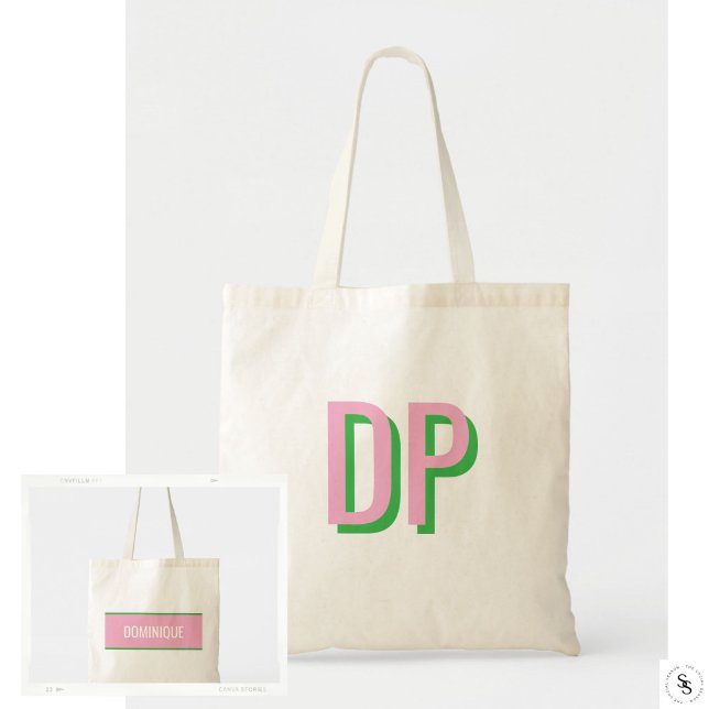 Ljusrosa + Grön Monogram Brudtärna Tygkasse (Light Pink + Green Monogram Tote Bag)