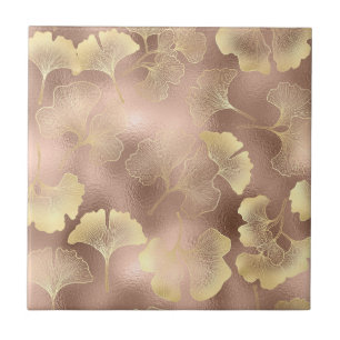 Ljusrosa Guld Ginkgo Blad Elegant Botanisk 6 Kakelplatta