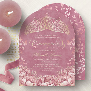 Ljusrosa Guld Kunglig Prinsessa Quinceanera Inbjudningar
