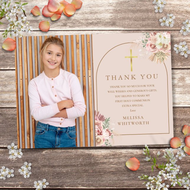 Ljusrosa guld Pampasgräs Första nattvarden  Tack Kort (Blush Pink Gold Pampas Grass First Holy Communion Thank You Card)