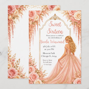 Ljusrosa guldblommig Sweet Sixteen-fest Inbjudningar