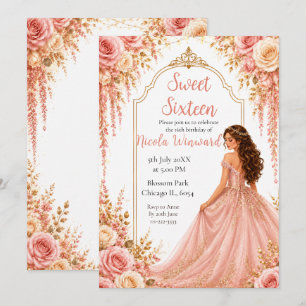 Ljusrosa guldblommig Sweet Sixteen-fest Inbjudningar