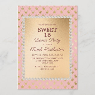Ljusrosa Guldtiara Sweet 16 Dansfest Inbjudningar