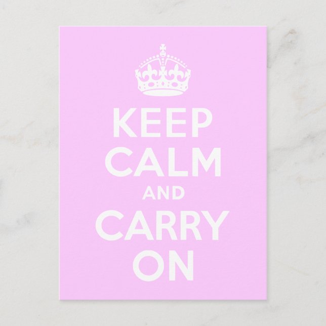 Ljusrosa Keep Calm and Carry On Vykort (Framsida)