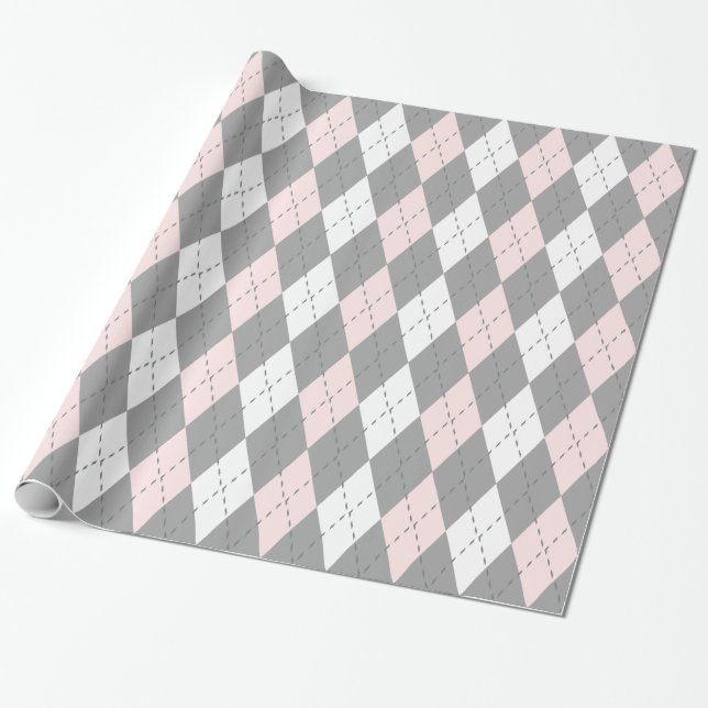 Ljusrosa kolmörkgrå vit XL Argyle Presentpapper (Utrullad)
