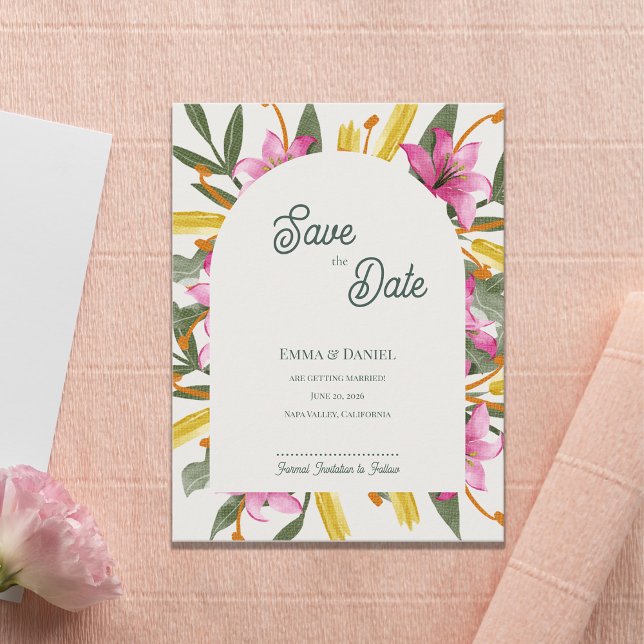 Ljusrosa Lilja Böjd Bröllop Spara Datum Meddelande Vykort (Blush Pink Lily Arched Save the Date | Romantic Botanical Floral Arch Garden Wedding Announcement )