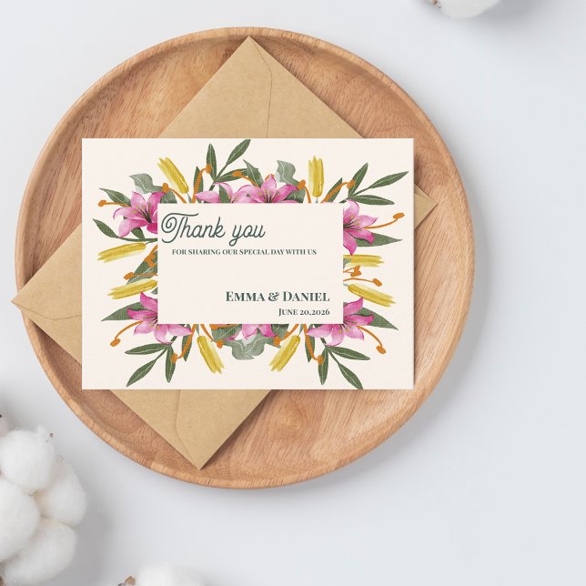 Ljusrosa lilja botanisk bröllopstackningskort vykort (Blush Pink Lily Botanical Wedding Thank You Card | Romantic Watercolor Floral Wedding Thank You)