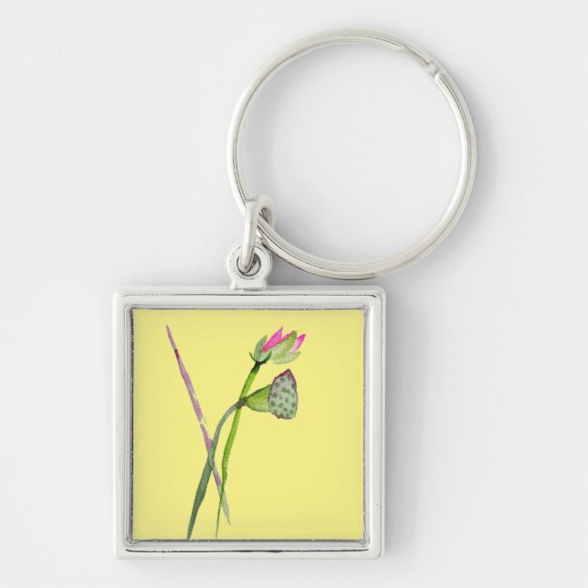 Ljusrosa Lotus Zen-blomma Buddhistisk konst Fyrkantig Silverfärgad Nyckelring (Framsidan)