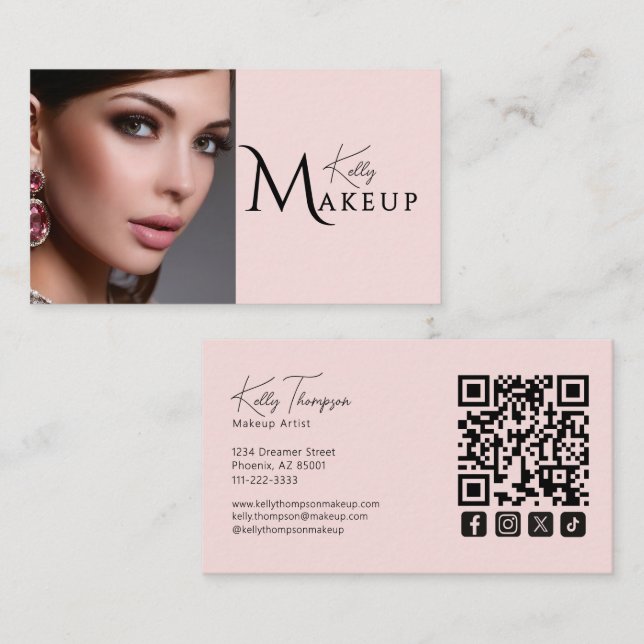 Ljusrosa Makeup Artist Qr Code Social Ikon Visitkort (Fram/baksida)