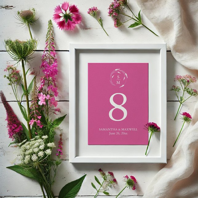 Ljusrosa monogram bröllopsbord nummerkort bordsnummer (Vibrant pink table number card with wildflower line art by Victoria Grigaliunas)