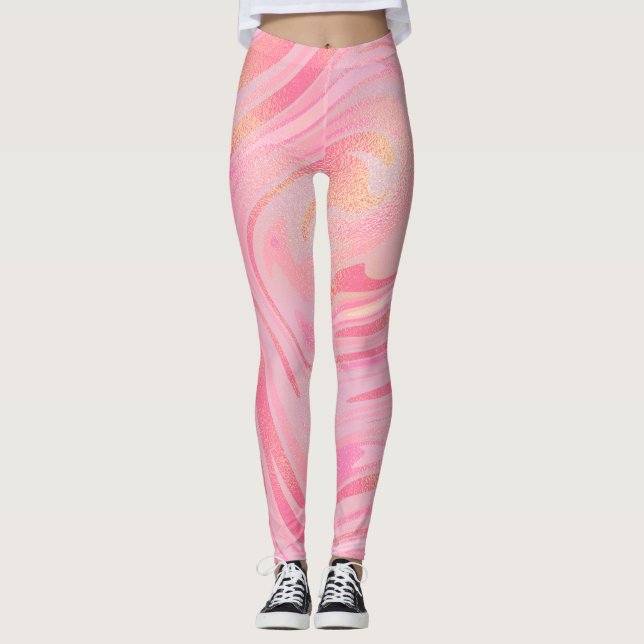 Ljusrosa mörkrosa & guld glitter virvelmönster leggings (Framsida)