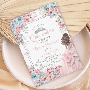Ljusrosa och blå silver blommande Quinceañera Inbjudningar