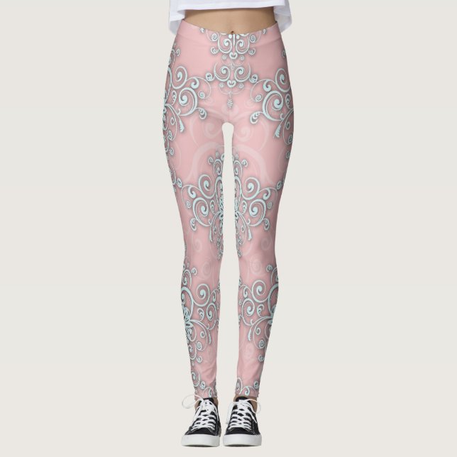 Ljusrosa och grå Damask Boho-stil Leggings (Framsida)