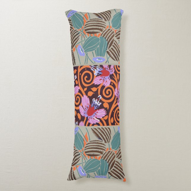 Ljusrosa och orange spiralblommdekor kroppskudde (Framsidan Vertikal)