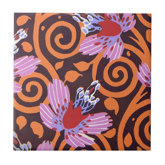 Ljusrosa och orange virvlande Art Deco-blomma Kakelplatta (Framsidan)