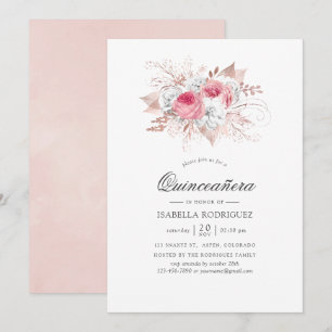 Ljusrosa och roséguld Blommig Quinceañera Inbjudningar