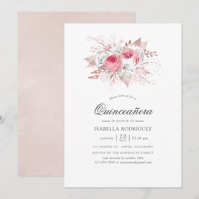 Ljusrosa och roséguld Blommig Quinceañera Inbjudningar (Fram/baksida)