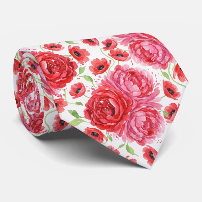 Ljusrosa och saftig röd akvarell peon slips (Rullad)