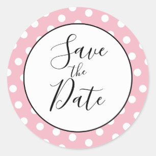 Ljusrosa och vit prickig Save the Date Runt Klistermärke