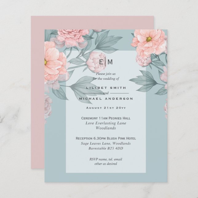 Ljusrosa Peach PIONER Bröllopsinbjudan Mottagning (Fram/baksida)
