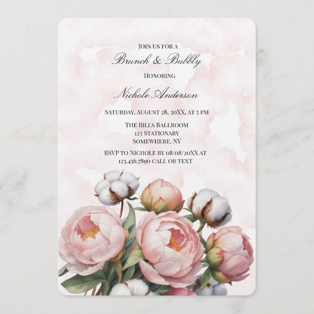 Ljusrosa Peony och Bomull Brunch & Bubbly Inbjudningar (Framsida)