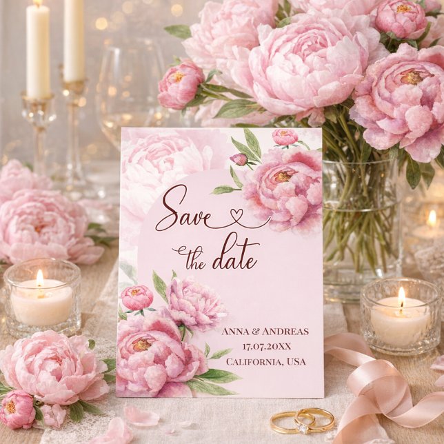 Ljusrosa Peony Spara datum-kort Inbjudningar (Pink Peony Save the Date Wedding Invitation)