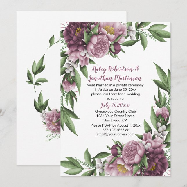 Ljusrosa pioner Grönska Mottagning endast Inbjudningar (Fram/baksida)