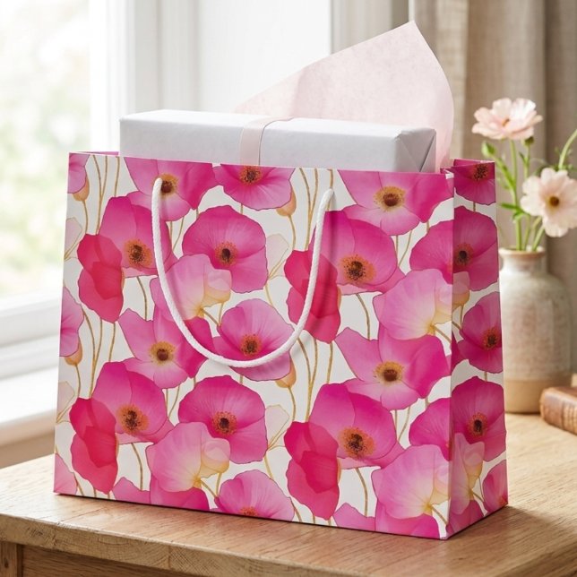 Ljusrosa poppyblommig mönster (Bright pink poppy floral medium gift bag for a special friend's colorful summer birthday.)