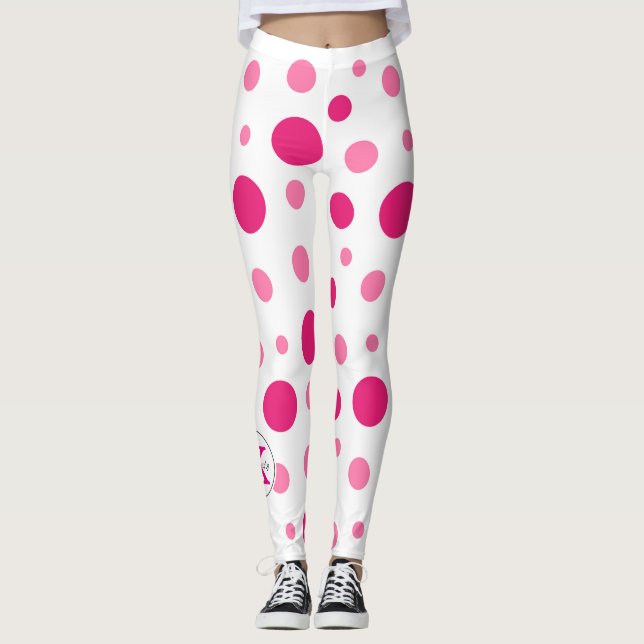 Ljusrosa prickar med anpassat namn och monogram leggings (Framsida)