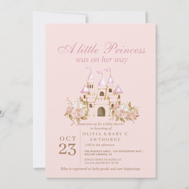 Ljusrosa prinsessa baby shower inbjudningar (Framsida)