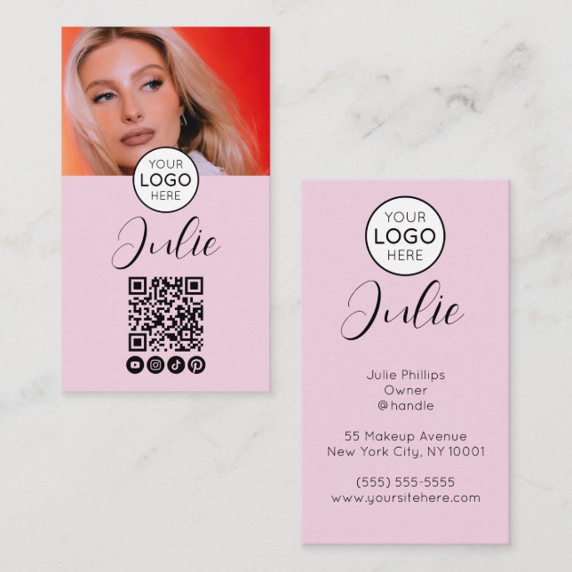 Ljusrosa QR-kod, logotyp och fotografisk sminkning Visitkort (Fram/baksida)