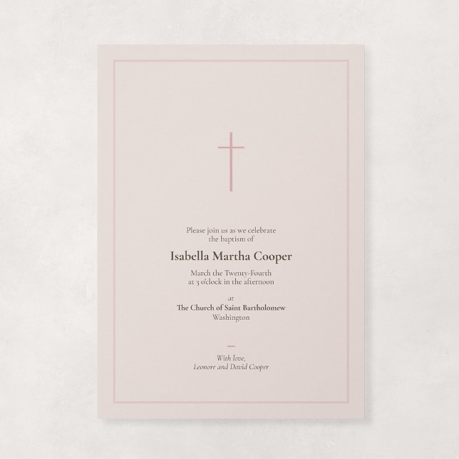 Ljusrosa religiös minimal kors dop inbjudningar (Grace - Minimal Cross Baptism Invitation in Blush)