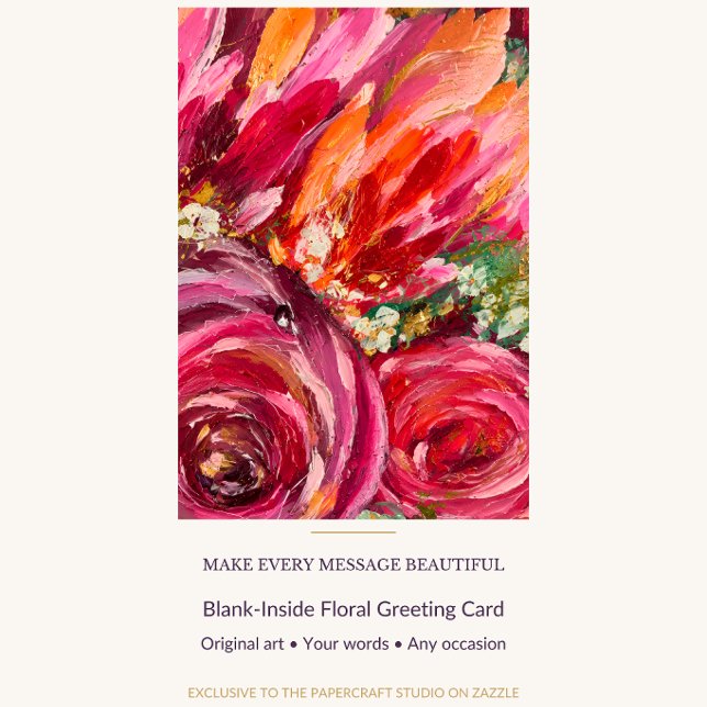 Ljusrosa ros Original konst Tom kort (Vibrant pink, coral and orange floral blank-inside greeting card featuring original textured artwork)