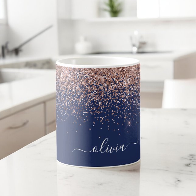 Ljusrosa Rosa Guld Marinblå Glitter Monogram Kaffemugg (Skapare uppladdad)