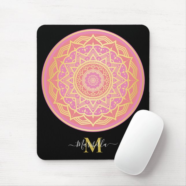 Ljusrosa, rosapink och guld Boho Mandala  Musmatta (Med mus)