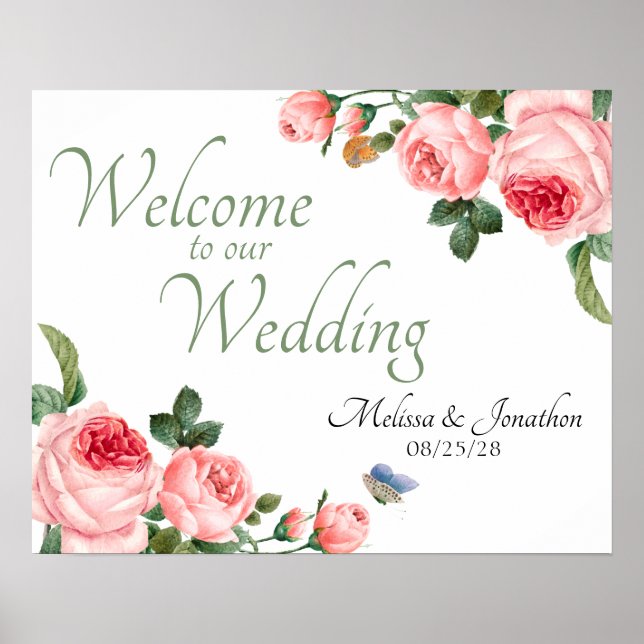 Ljusrosa rosblommig elegant bröllop poster (Framsidan)