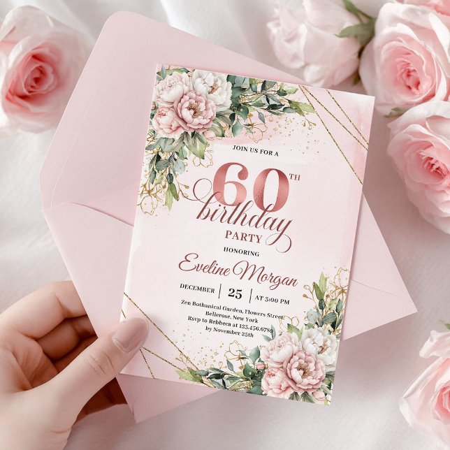 Ljusrosa Roséguld Blommig 60-års Födelsedagsinbjud Inbjudningar (Blush Pink Rose Gold Floral 60th Birthday Invitation)