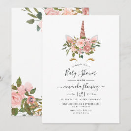 Ljusrosa & Roséguld Blommig Enhörning Babykalas Inbjudningar