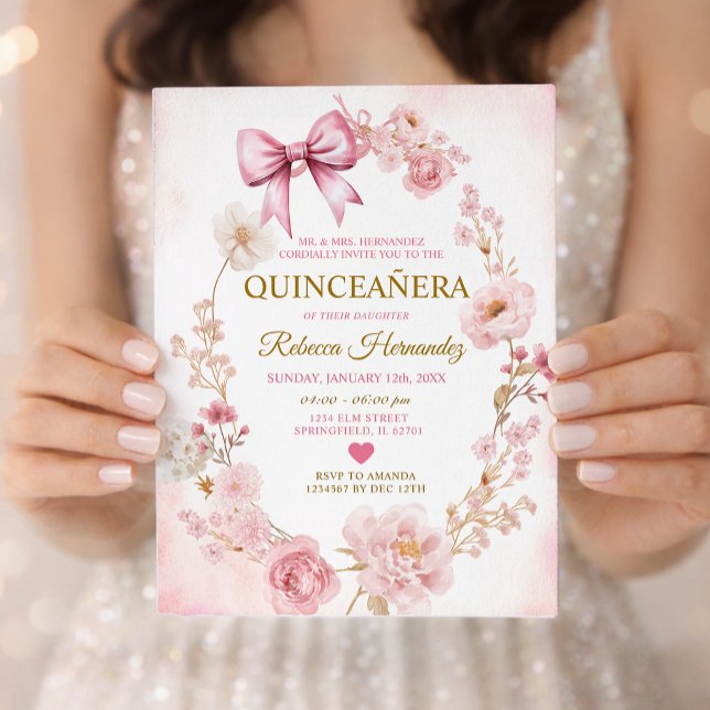 Ljusrosa rosett Quinceañera Inbjudningar (Skapare uppladdad)