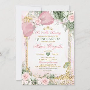 Ljusrosa rosett & Salvia grön Blomster Quinceañera Inbjudningar
