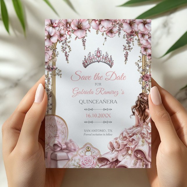Ljusrosa silver tiara blomster Quinceañera Spara Datumet (Skapare uppladdad)