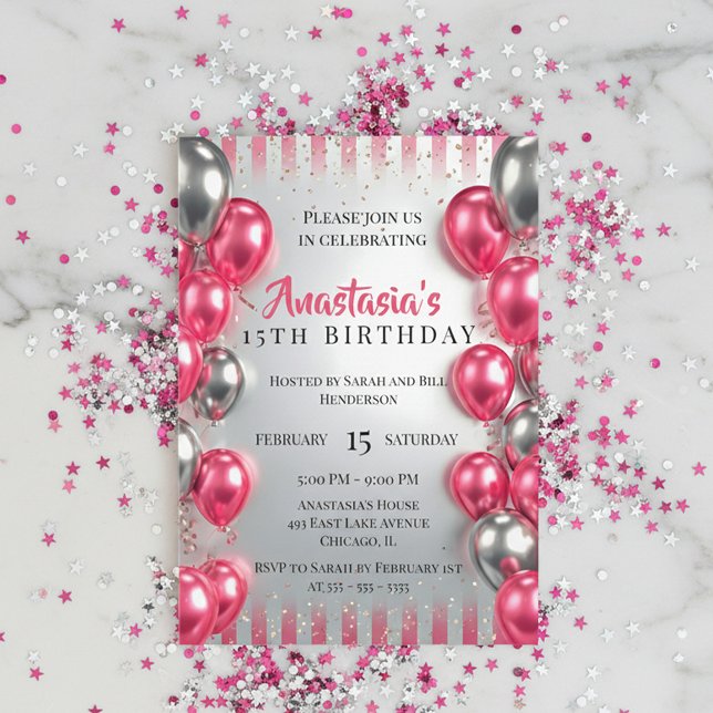 Ljusrosa Silverballonger Glitter 15-årsdag Inbjudningar (Skapare uppladdad)