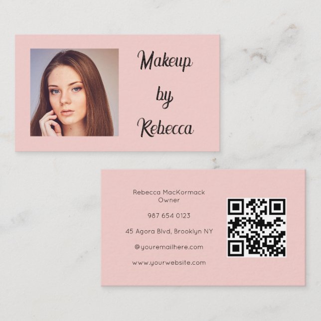 Ljusrosa Skript QR-kod Foto Makeup Affärskort Visitkort (Fram/baksida)