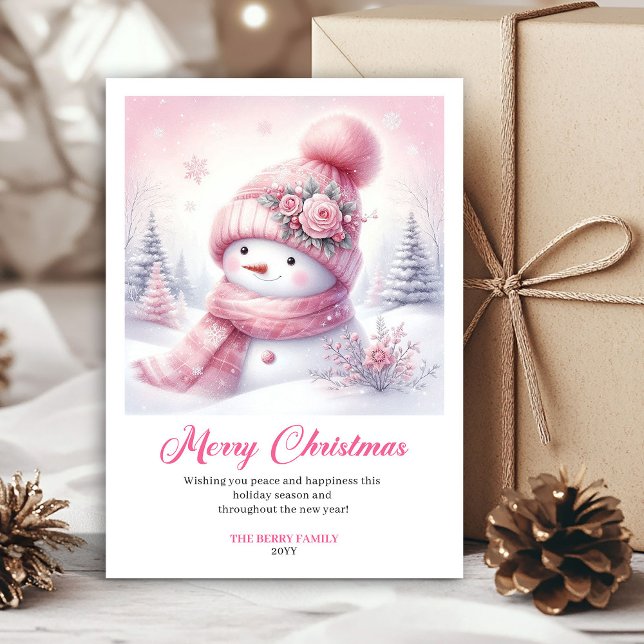 Ljusrosa snömannen barnkort redigerbar nedladdning julkort (Blissful pink snowman kids card editable download)
